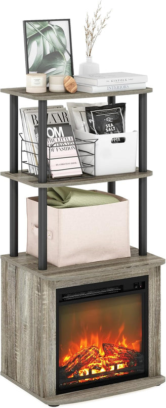 Furinno Turn-N-Tube 2-Tier Tall TV Entertainment Side Table Display Rack with Fireplace Insert, French Oak Grey/Black - LeafyLoom