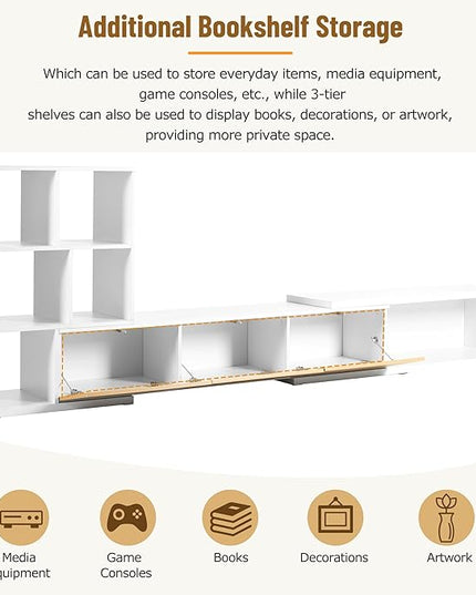 Extendable Stand with 3 Tier Bookshelves for TVs up to 110'', Adjustable Entertainment Center with Storage Cabinets, Sliding Tabletop Media Console for Living Room, White, 126 inch Length - LeafyLoom
