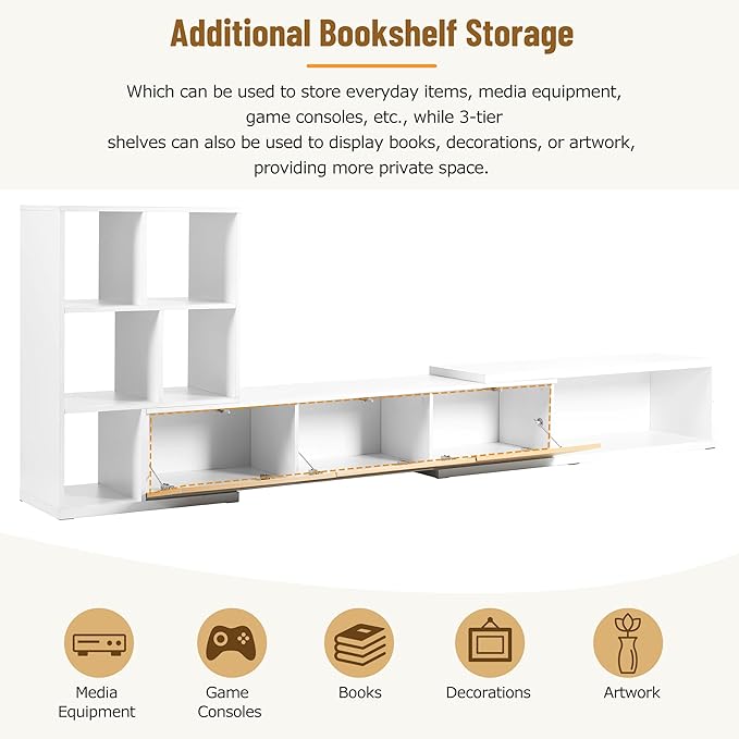 Extendable Stand with 3 Tier Bookshelves for TVs up to 110'', Adjustable Entertainment Center with Storage Cabinets, Sliding Tabletop Media Console for Living Room, White, 126 inch Length - LeafyLoom
