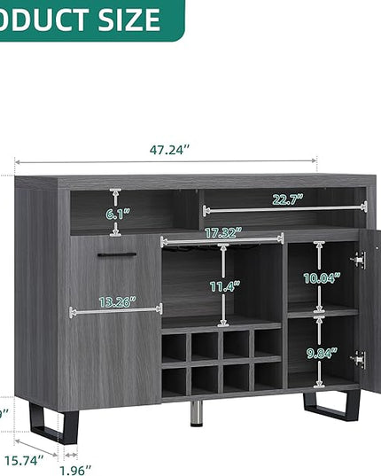 DWVO Coffee Bar Cabinet, 47" Modern Sideboard Buffet Cabinet with Storage, Wine Bar Cabinets with Wine and Glass Rack, Console Table for Kitchen & Living Room, Grey Oak - LeafyLoom