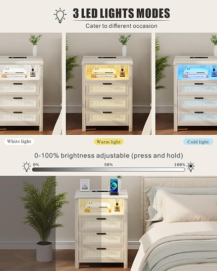 Rattan Nightstand with Charging Station, Night Stand with 3 Drawers and Open Shelf, Bed Side Table with LED Lights for Bedroom, Living Room, Grey - LeafyLoom