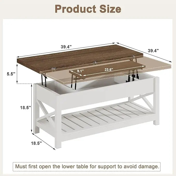ChooChoo Farmhouse Lift Top Coffee Table, Multi-Function Convertible Coffee Table with Storage and Hidden Compartment, Coffee Table Converts to Dining Table for Living Room, 40 White & Brown - LeafyLoom