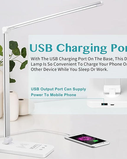 LED Desk Lamp with USB Charging Port, Dimmable Eye-Caring Table Lamps with Wireless Charger, 5 Brightness Levels & 5 Lighting Modes, Touch Control, Auto Timer - LeafyLoom
