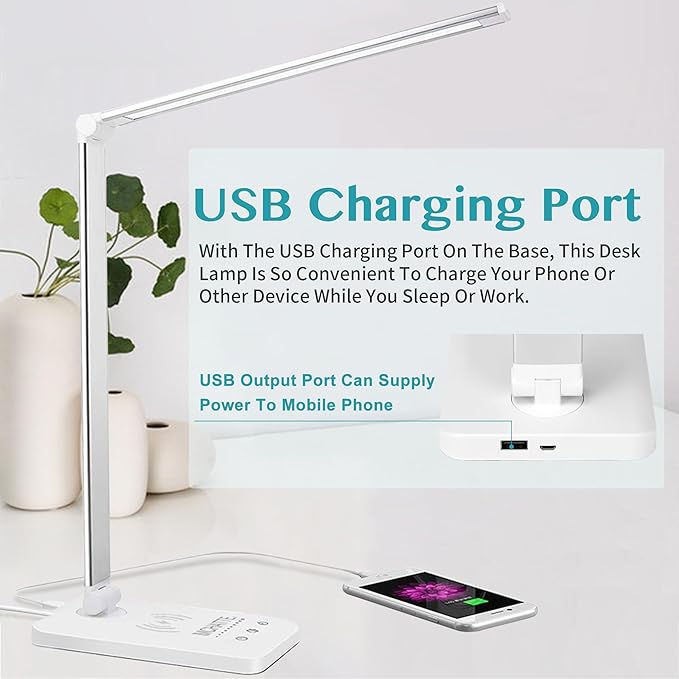 LED Desk Lamp with USB Charging Port, Dimmable Eye-Caring Table Lamps with Wireless Charger, 5 Brightness Levels & 5 Lighting Modes, Touch Control, Auto Timer - LeafyLoom