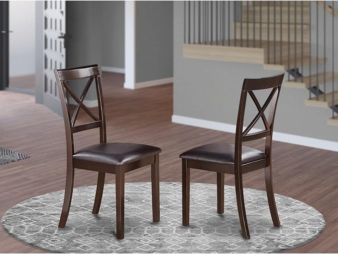 East West Furniture Boston Dining Faux Leather Upholstered Solid Wood Chairs, Set of 2, Cappuccino - LeafyLoom