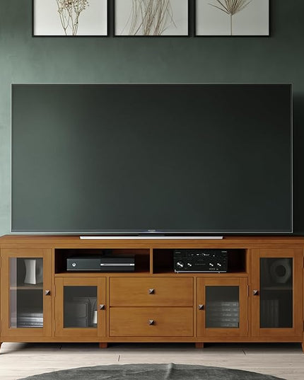 SIMPLIHOME Cosmopolitan SOLID WOOD 72 Inch Wide Contemporary TV Media Stand in Light Golden Brown for TVs up to 80 Inch, For the Living Room and Entertainment Center - LeafyLoom