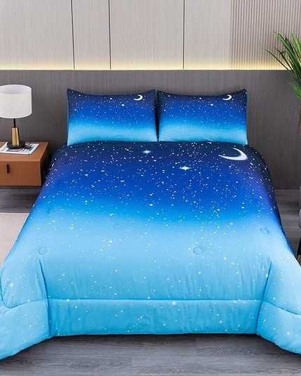 NINENINE Blue Galaxy Comforter Set Queen Size for Teen Kids Girls,Space Bedding Sets Printed with 1 Comforter 2Pillowcases - LeafyLoom
