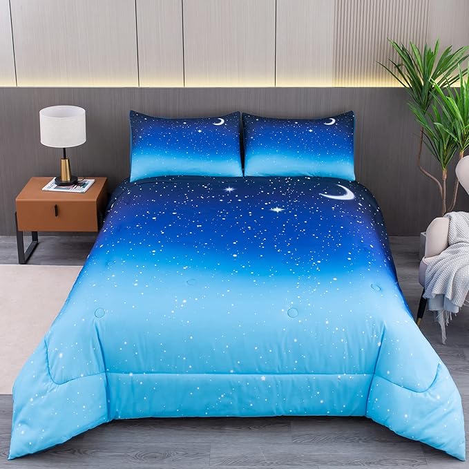 NINENINE Blue Galaxy Comforter Set Queen Size for Teen Kids Girls,Space Bedding Sets Printed with 1 Comforter 2Pillowcases - LeafyLoom