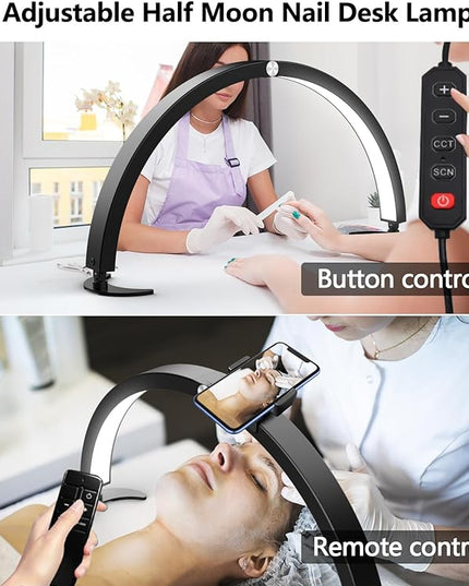 yAyusi Half Moon Light for Nail Desk with Phone Holder, 29In 40W Nail Tech Light, Nail Table Lamp with Wire Controller & Remote, 7 Color Modes, 10 Brightness for Beauty/Eyelashes/Tattoos/Crafts - LeafyLoom