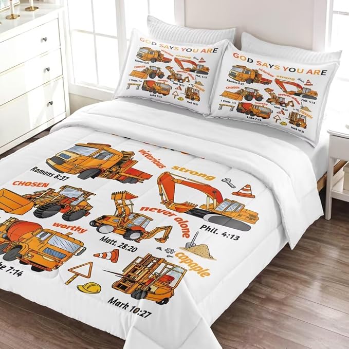 Kids Construction Vehicles Truck Comforter for Boys Twin,Cartoon Car Excavator Tractor Bedding Set,Construction Christian Spirational Quotes Comforter with 2 Pillowcases White - LeafyLoom