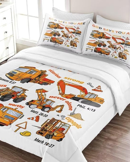 Kids Construction Vehicles Truck Comforter for Boys Full,Cartoon Car Excavator Tractor Bedding Set,Construction Christian Spirational Quotes Comforter with 2 Pillowcases White - LeafyLoom