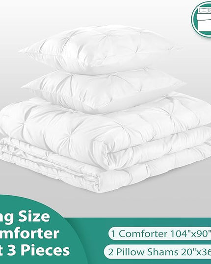 downluxe Pintuck King Size Comforter Set with 2 Pillow Shams - 3-Piece - White King Comforter Set for All Seasons, Pinch Pleat Microfiber Down Alternative Bedding Comforter Sets - LeafyLoom