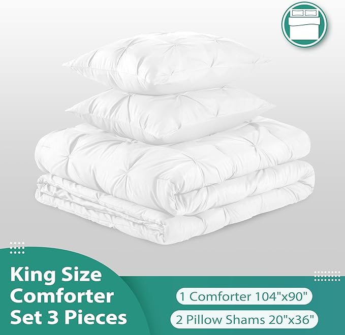downluxe Pintuck King Size Comforter Set with 2 Pillow Shams - 3-Piece - White King Comforter Set for All Seasons, Pinch Pleat Microfiber Down Alternative Bedding Comforter Sets - LeafyLoom