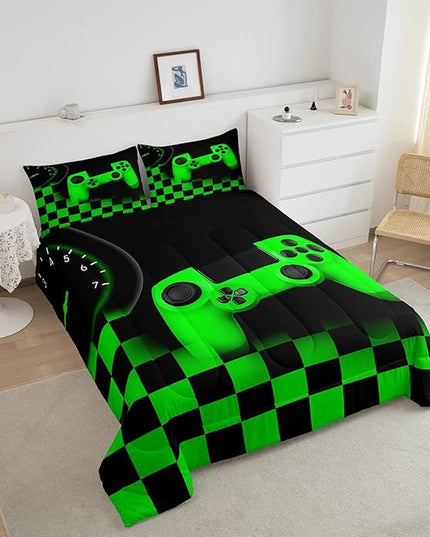 Gaming Bedding Set Queen Size Game Comforter Set for Boys Girls Kids Teens Soft Microfiber Green Modern Buttons Video Game Duvet Insert Gamer Room Decorative 3 Piece Bedding Set with 2 Pillow Shams - LeafyLoom