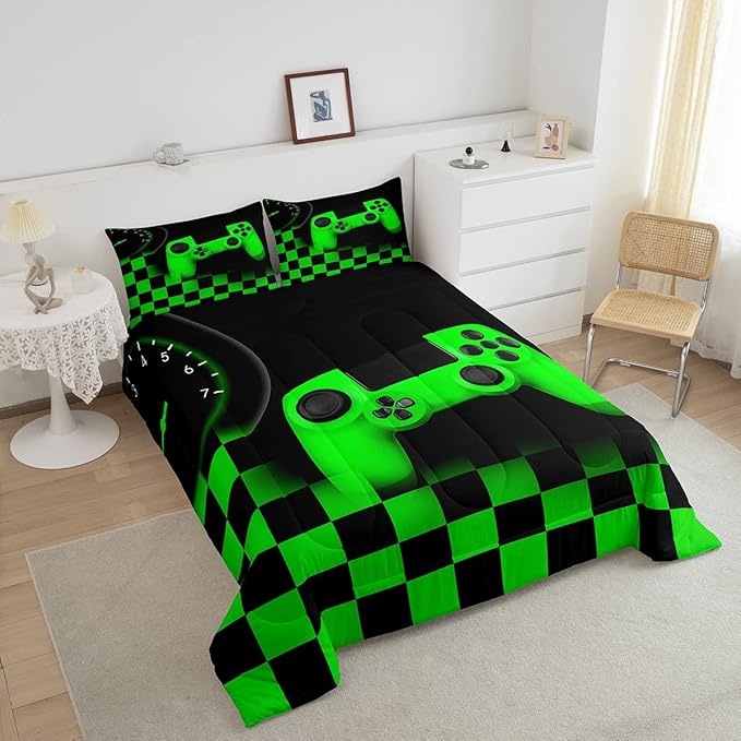 Gaming Bedding Set Queen Size Game Comforter Set for Boys Girls Kids Teens Soft Microfiber Green Modern Buttons Video Game Duvet Insert Gamer Room Decorative 3 Piece Bedding Set with 2 Pillow Shams - LeafyLoom