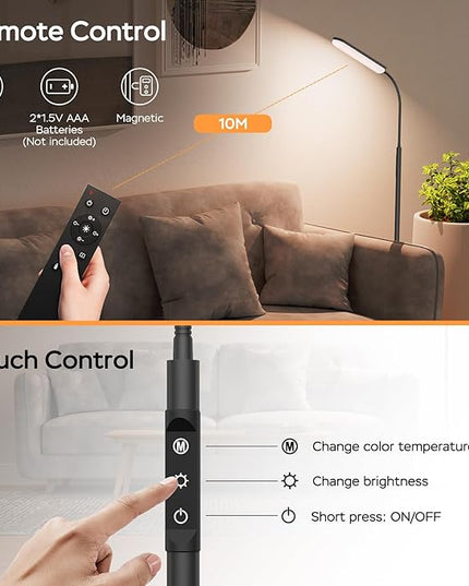 Floor Lamp, 15W Bright LED Floor Lamps for Living Room, Remote & Touch Control, 0.5H/1H Timer, Adjustable 2700K-6500K Colors & Brightness Eye Caring Reading Lamp, Gooseneck Standing Lamp - LeafyLoom