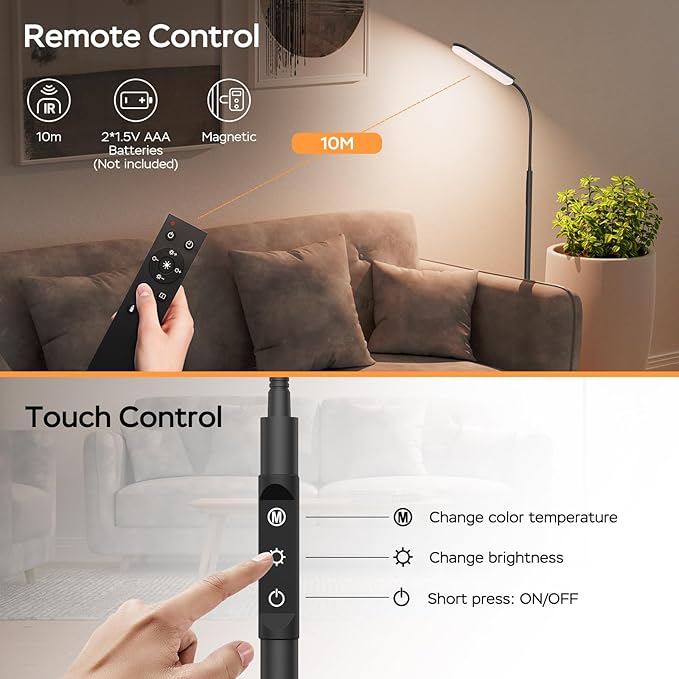 Floor Lamp, 15W Bright LED Floor Lamps for Living Room, Remote & Touch Control, 0.5H/1H Timer, Adjustable 2700K-6500K Colors & Brightness Eye Caring Reading Lamp, Gooseneck Standing Lamp - LeafyLoom