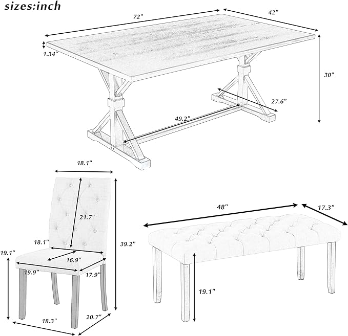 Piece Wood Rectangular Dining Set for 6, includes 1 Table with Cross-Legged Trestle Base, 4 Upholstered High Back Chairs & 1 Bench, Farmhouse Style, Gray, 72" L x 42" W x 30" H - LeafyLoom