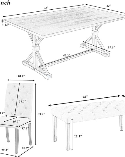 Wood Rectangular Dining Set for 6, includes 1 Table with Cross-Legged Trestle Base, 4 Upholstered High Back Chairs & 1 Bench, Farmhouse Style, Walnut, 72" L x 42" W x 30" H - LeafyLoom