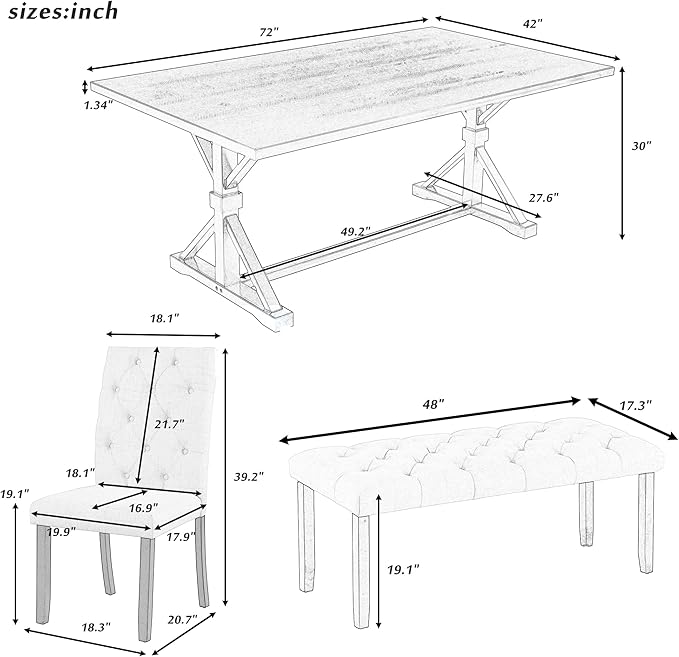6-Piece Farmhouse Rectangular 72" Wood Dining Table Set, 4 Upholstered Chairs with Bench, Easy to Assemble, for Living, Guest Room, Home Bar and Kitchen, Walnut - LeafyLoom