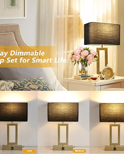Black Table Lamps Set of 2 with Dual USB Ports,3-Way Dimmable Touch Control Bedside Lamps,Modern Bedroom Table Lamp for Living Room,Nightstand LED Bulbs Included - LeafyLoom