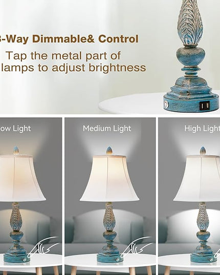 Set of 2 Touch Lamp for Bedroom Nightstand, 23.5'' Table Lamps Desk Lamps with USB Charging Port, Vintage Rustic Farmhouse Lamps for Living Room Home Office Dorm(Blue Washed Finish) - LeafyLoom