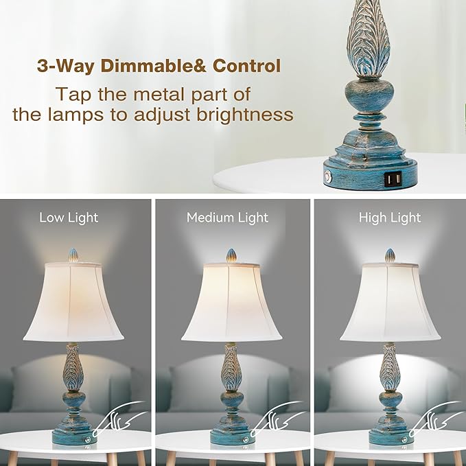 Set of 2 Touch Lamp for Bedroom Nightstand, 23.5'' Table Lamps Desk Lamps with USB Charging Port, Vintage Rustic Farmhouse Lamps for Living Room Home Office Dorm(Blue Washed Finish) - LeafyLoom