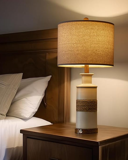BOBOMOMO 24.5" USB A+C 3-Way Dimmable Touch Control Boho Table Lamp Set of 2 for Living Room Nightstand Beside Lamps for Bedroom(include two bulbs) - LeafyLoom