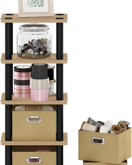 FURINNO LAci 4-Bins System Rack, Oak/Black/Light Brown - LeafyLoom