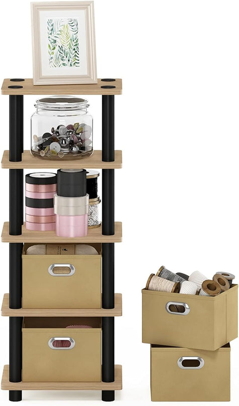 FURINNO LAci 4-Bins System Rack, Oak/Black/Light Brown - LeafyLoom