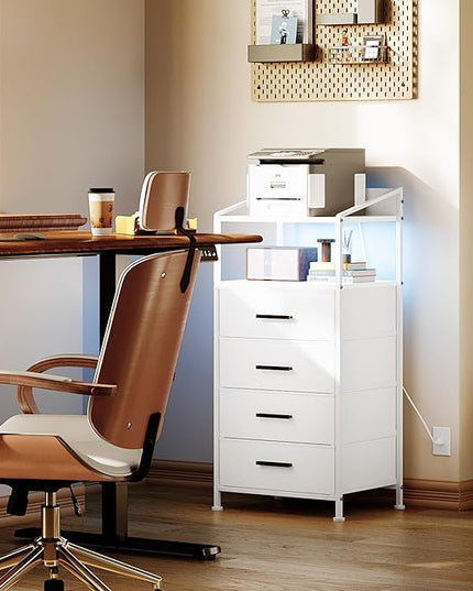 Nightstand 4 Drawer Dresser with LED Lights and Charging Station, Vertical Side Table with Fabric Drawers, End Table with Open Shelf, Tall Dresser for Bedroom, Hallway, Entryway, White - LeafyLoom