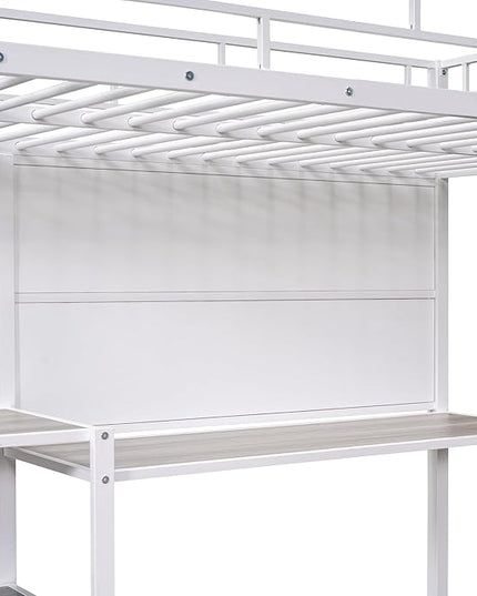 RITSU Twin Size Loft Bed, Heavy Duty Metal Bedframe with Desk and Whiteboard, 3 Big Shelves The Storage Space, Sturdy Construction, for Children's Room, Teens, White - LeafyLoom