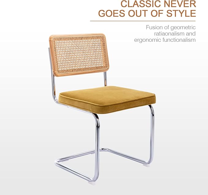 Zesthouse Mid Century Modern Dining Chairs Set of 2, Velvet Accent Chairs with Natural Cane Back & Stainless Chrome Base, Famous Breuer Designed Chairs, Upholstered Rattan Kitchen Chairs - LeafyLoom