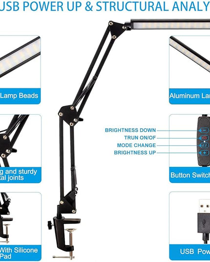 LED Desk Lamp,Eye-Caring Metal Swing Arm Desk Lamp with Clamp,10 Dimmable Brightness 3 Light Modes Reading Lamp,Desk Light for Home Office(2 Pack) - LeafyLoom