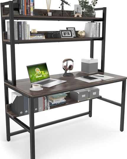 Aquzee Desk with Hutch Bookshelves, Computer Desk with 3 Tiers Storage Shelves, Space Saving Design Black Metal Legs Desk with Grey Board, Easy Assemble - LeafyLoom
