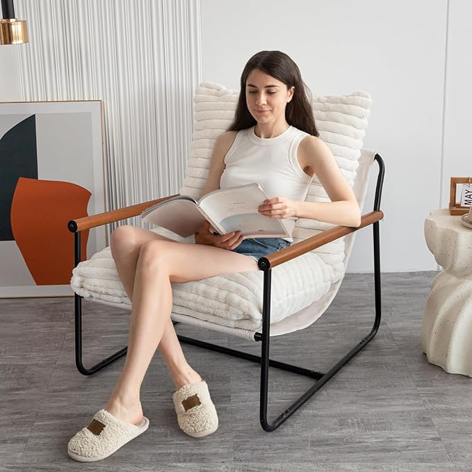 MAXYOYO Accent Chair, Sherpa Arm Chair for Living Room, Mid Century Modern Accent Chairs, Boucle Reading Bedroom Chair, Teddy Armchair, Wooden Arms Metal Frame - LeafyLoom
