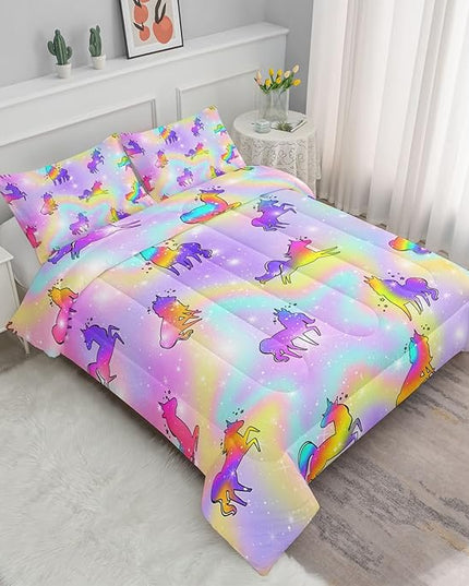 Datura home Unicorn Rainbow Comforter Bedding Set for Girls Kids Children Teens,Sky Glitter Star Colorful Bedding Set with 1 Comforter and 2 Pillowcases(Unicorn3 Twin) - LeafyLoom