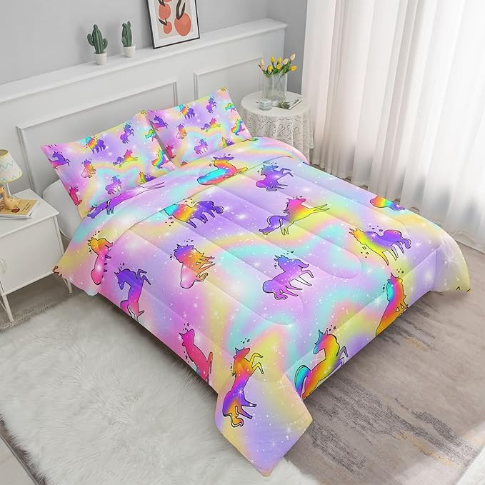 Datura home Unicorn Rainbow Comforter Bedding Set for Girls Kids Children Teens,Sky Glitter Star Colorful Bedding Set with 1 Comforter and 2 Pillowcases(Unicorn3 Twin) - LeafyLoom