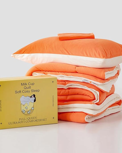 COTTEBED Reversible Ultra-Soft Bright Orange and Beige Comforter Set Queen, Jersey Knit T-Shirt Feel Bedding Blanket Down Conforters Sets & Pillowsham for Men Women All Season Use, Full/Queen Size Bed - LeafyLoom