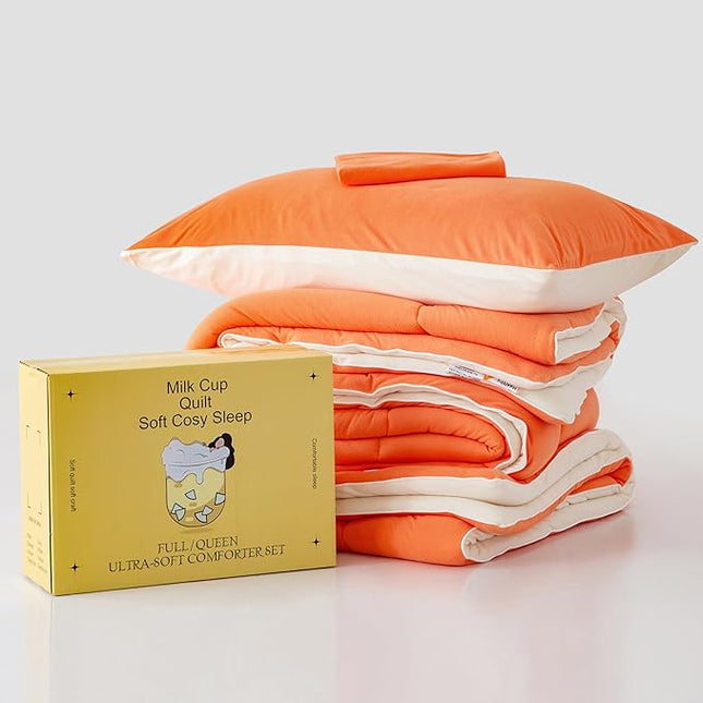 COTTEBED Reversible Ultra-Soft Bright Orange and Beige Comforter Set Queen, Jersey Knit T-Shirt Feel Bedding Blanket Down Conforters Sets & Pillowsham for Men Women All Season Use, Full/Queen Size Bed - LeafyLoom