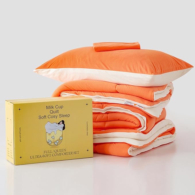 COTTEBED Reversible Ultra-Soft Bright Orange and Beige Comforter Set Queen, Jersey Knit T-Shirt Feel Bedding Blanket Down Conforters Sets & Pillowsham for Men Women All Season Use, Full/Queen Size Bed - LeafyLoom