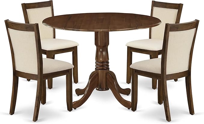 East West Furniture DLMZ5-AWA-32 Dublin 5 Piece Dining Room Furniture Set Includes a Round Kitchen Table with Dropleaf and 4 Parson Chairs, 42x42 Inch - LeafyLoom