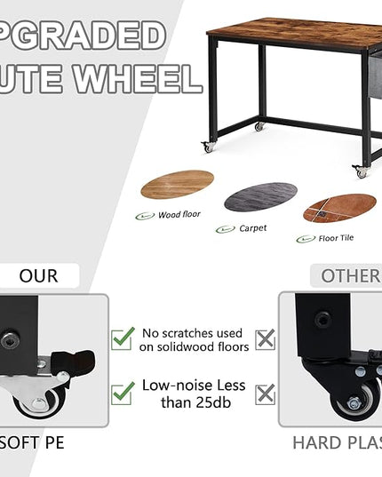 AHB 39" Rolling Computer Desk with 4 Smooth Wheels, Simple Style Mobile Writing Desk Home Office Study Table Movable Workstation with Metal Frame - LeafyLoom