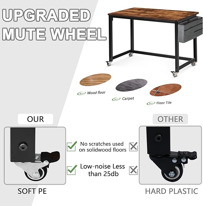 AHB 39" Rolling Computer Desk with 4 Smooth Wheels, Simple Style Mobile Writing Desk Home Office Study Table Movable Workstation with Metal Frame - LeafyLoom