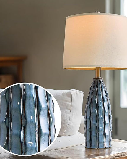 23.75" Modern Blue Ceramic Lamps Set of 2 for Living Room Study Room Office Dorm Farmhouse Nightstand, End Table Lamps - LeafyLoom
