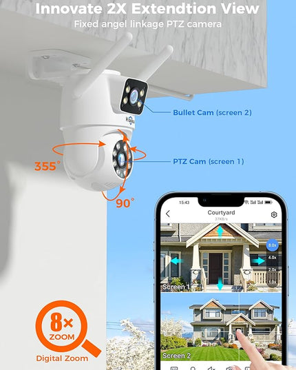 Hiseeu Wireless Security Camera Dual Lens 5G/2.4G WiFi PTZ Camera Outdoor,Power Cord,IP65 Waterproof Motion Tracking,Color Night Version, No-Monthly Fees Works with Wireless Camera System Hiseeu