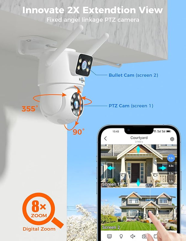 Hiseeu Wireless Security Camera Dual Lens 5G/2.4G WiFi PTZ Camera Outdoor,Power Cord,IP65 Waterproof Motion Tracking,Color Night Version, No-Monthly Fees Works with Wireless Camera System Hiseeu