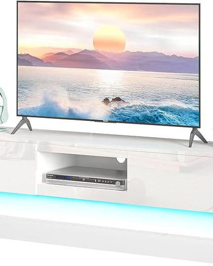 Glossy White LED TV Stand for 75 Inch TV, Modern TV Console Table with Storage and LED Lights, Gaming Media Entertainment Center for Living Room Bedroom (63 Inch, White) - LeafyLoom
