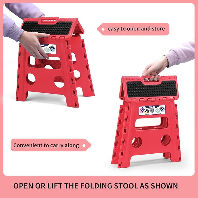 Delxo Folding Step Stool,Non-Slip Stool 13 inch Height Premium Heavy Duty Foldable Stool for Kids and Adults,Kitchen Garden Bathroom Stepping Stool 1 Pack in Red,2021 Upgrade Dotted Texture - LeafyLoom