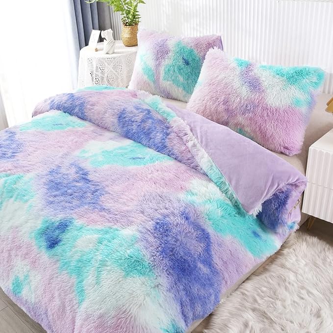 WINLIFE Shaggy Bedding Comforter Set Faux Fur Flannel Furry Comforter Microfiber Plush Comforter Sets Pastel Gradient Ombre Tie Dye MultiColor Bedding for Girls Adults (3Pcs, Full, Teal Purple) - LeafyLoom